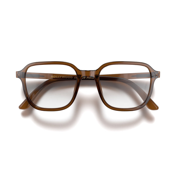 Front - Hollywood Reading Glasses in transparent brown featuring a soft circle frame and provide crystal clear vision. Available in a + 1, 1.5, 2, 2.5, 3 prescriptions.