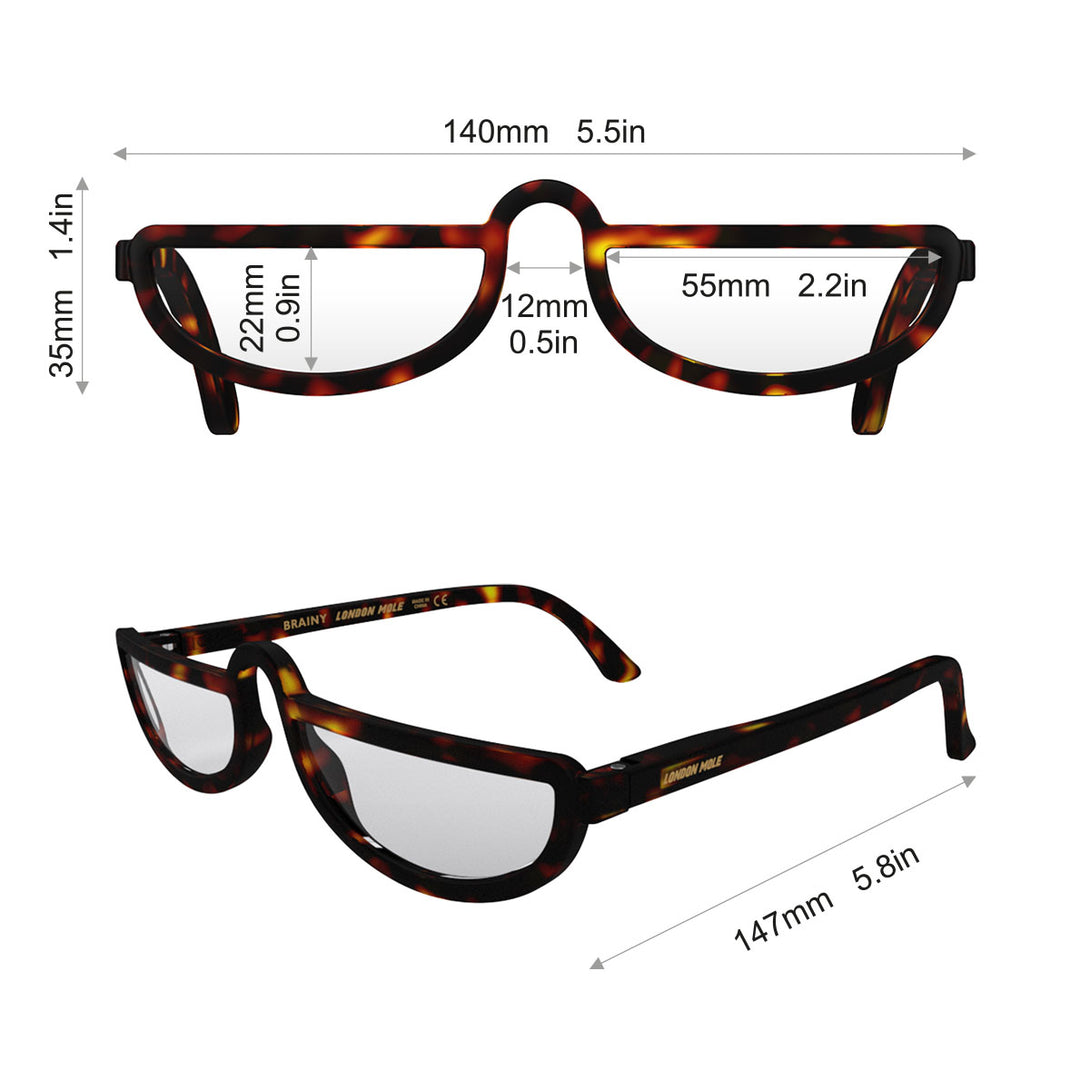 Dimensions - Brainy Reading Glasses in matt tortoiseshell featuring an oversized circular frame and provide crystal clear vision. Available in a + 1, 1.5, 2, 2.5, 3 prescriptions.