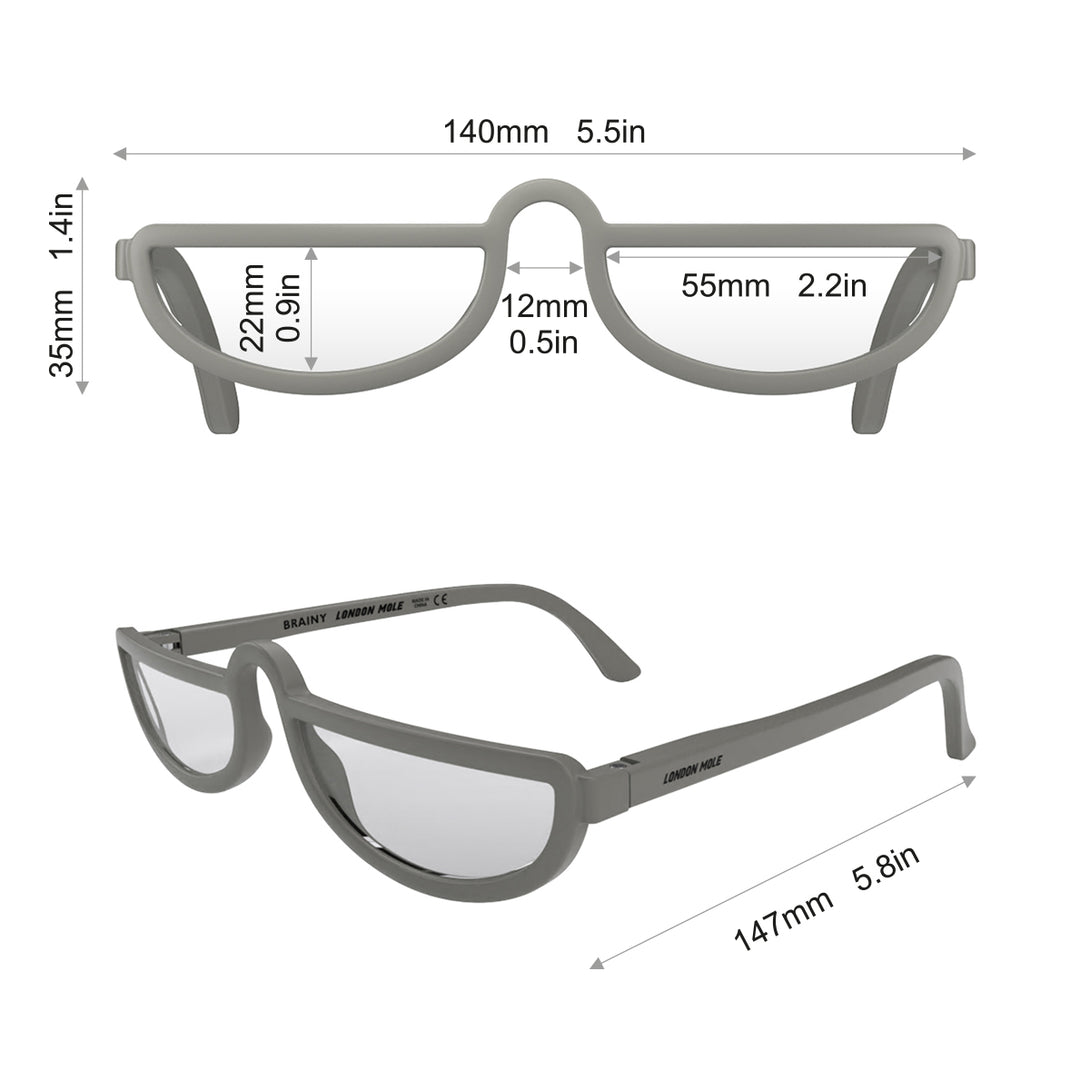 Dimensions - Brainy Reading Glasses in matt grey featuring an oversized circular frame and provide crystal clear vision. Available in a + 1, 1.5, 2, 2.5, 3 prescriptions.