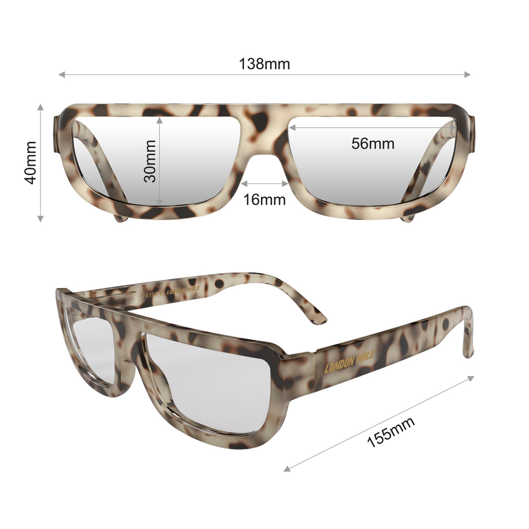 Dimensions - Feisty Reading Glasses in pale tortoiseshell featuring a utilitarian, striaght top line frame and provide crystal clear vision. Available in a + 1, 1.5, 2, 2.5, 3 prescriptions.