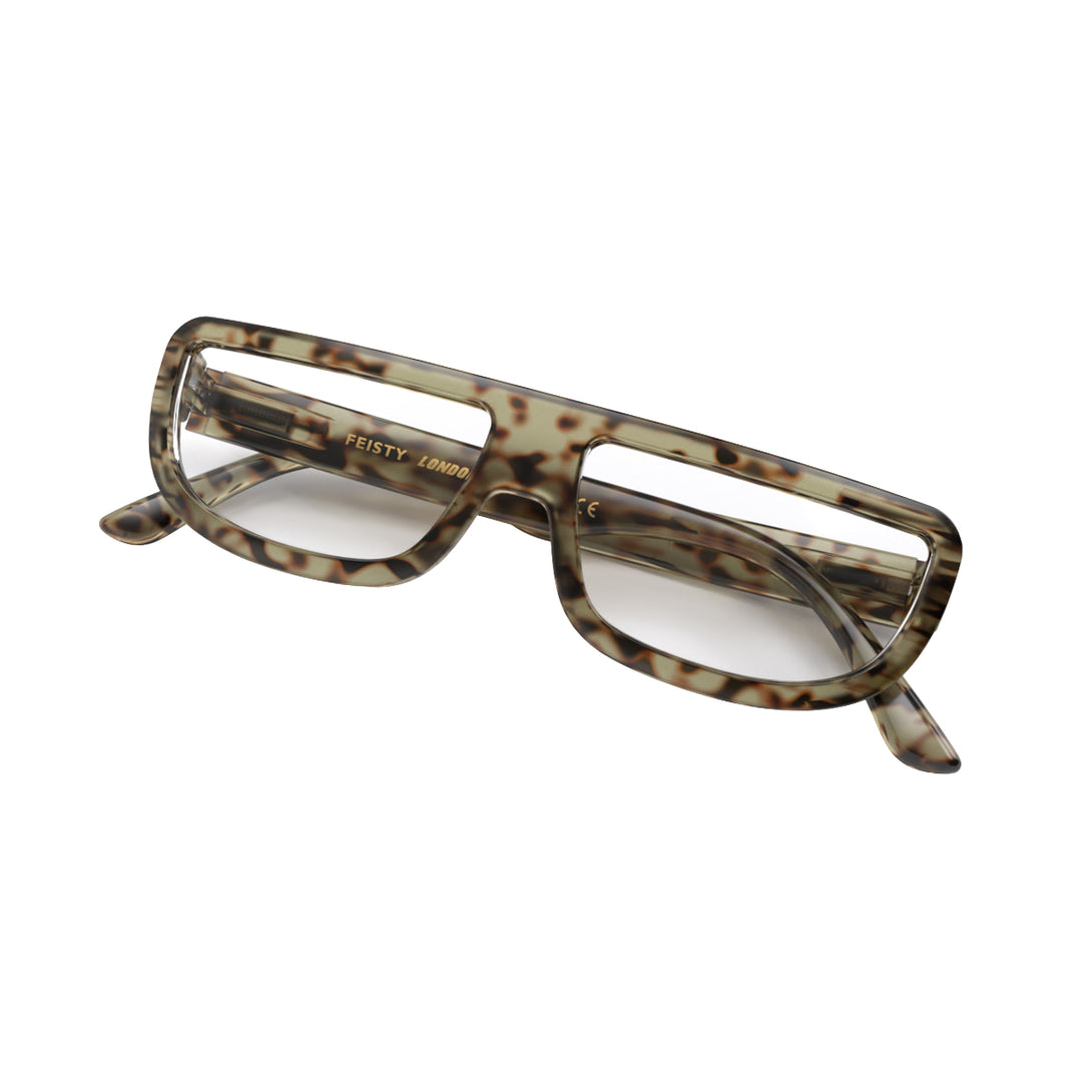 Closed skew - Feisty Reading Glasses in pale tortoiseshell featuring a utilitarian, striaght top line frame and provide crystal clear vision. Available in a + 1, 1.5, 2, 2.5, 3 prescriptions.