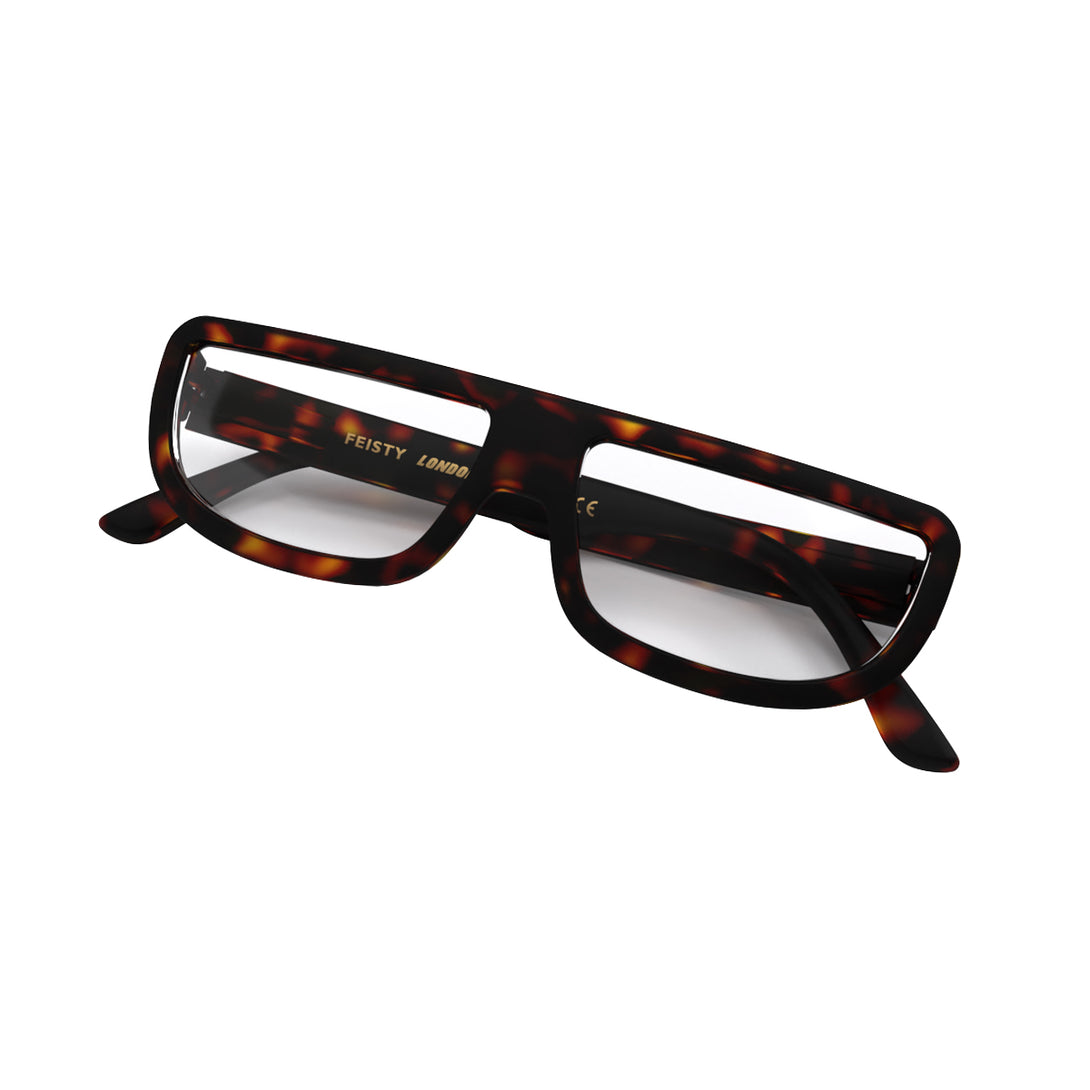 Closed skew - Feisty Reading Glasses in matt tortoiseshell featuring a utilitarian, striaght top line frame and provide crystal clear vision. Available in a + 1, 1.5, 2, 2.5, 3 prescriptions.