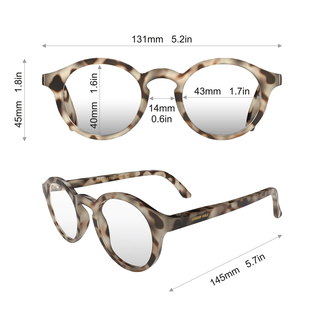 Dimenions - Graduate Blue Blocker Glasses in pale tortoiseshell featuring a soft circle frame and the ability to protect your eyes from artificial blue light. Ideal for fashion accessories, screen time, office work, gaming, scrolling on a mobile, and watching TV. 