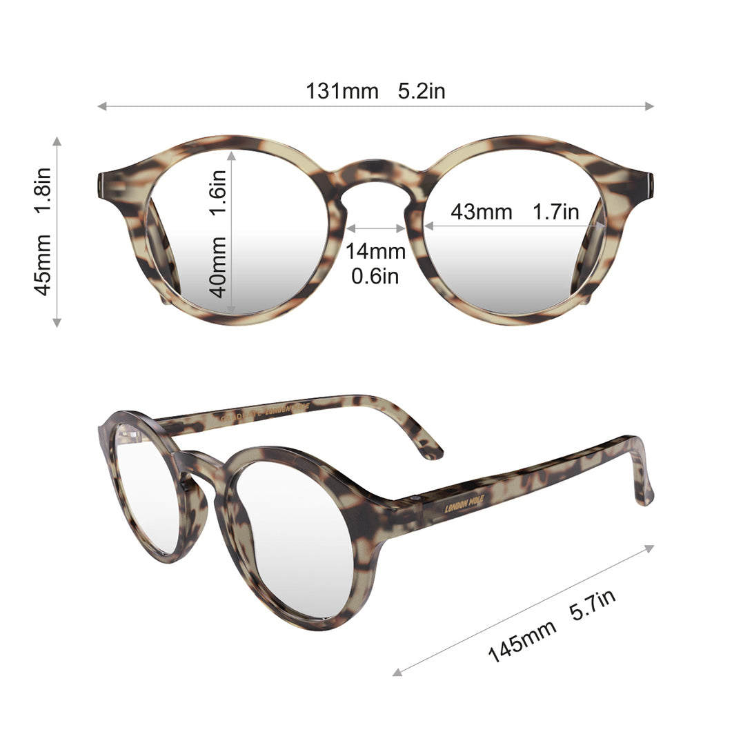 Dimensions - Graduate Reading Glasses in pale tortoiseshell featuring a soft circle frame and provide crystal clear vision. Available in a + 1, 1.5, 2, 2.5, 3 prescriptions.