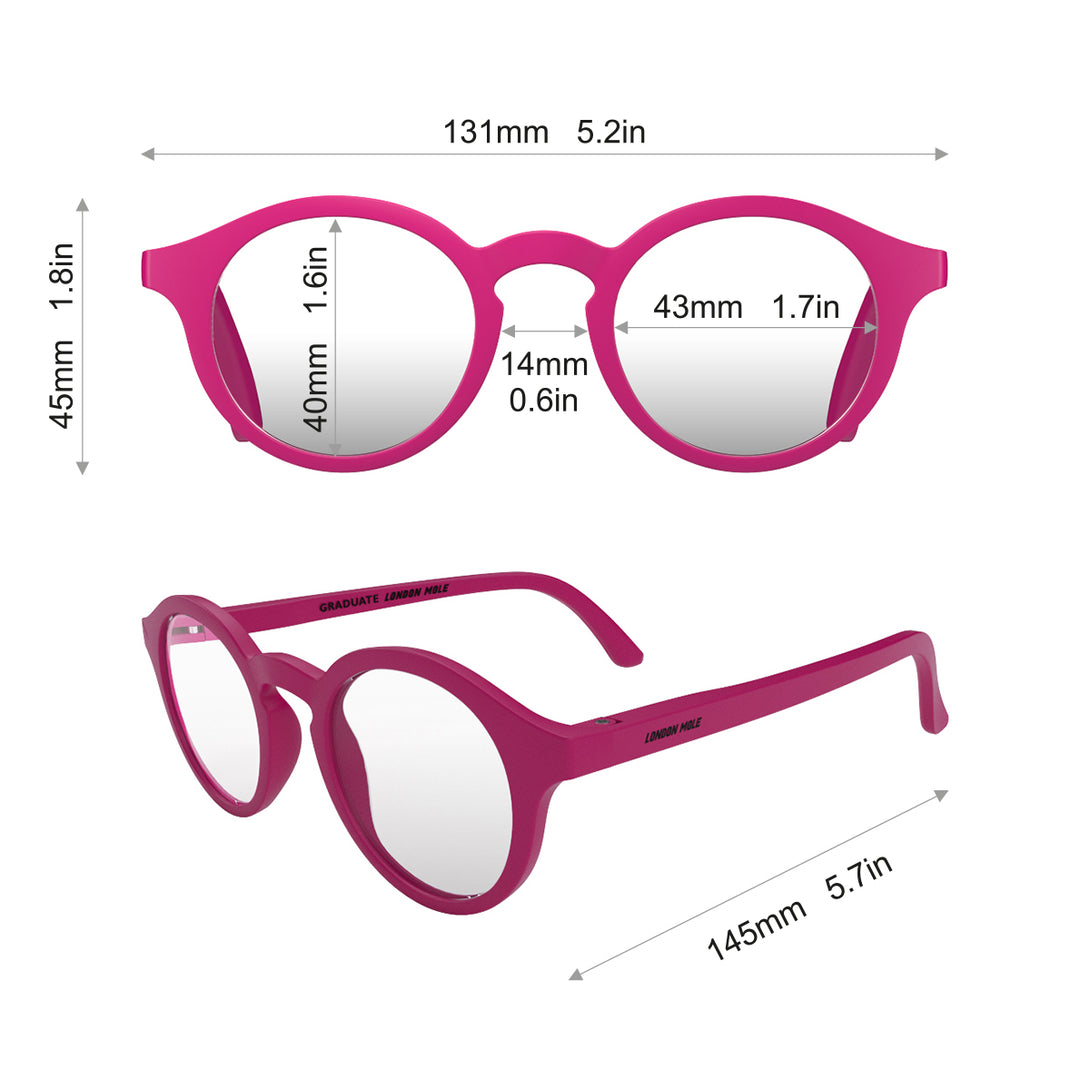 Dimensions - Graduate Reading Glasses in matt pink featuring a soft circle frame and provide crystal clear vision. Available in a + 1, 1.5, 2, 2.5, 3 prescriptions.