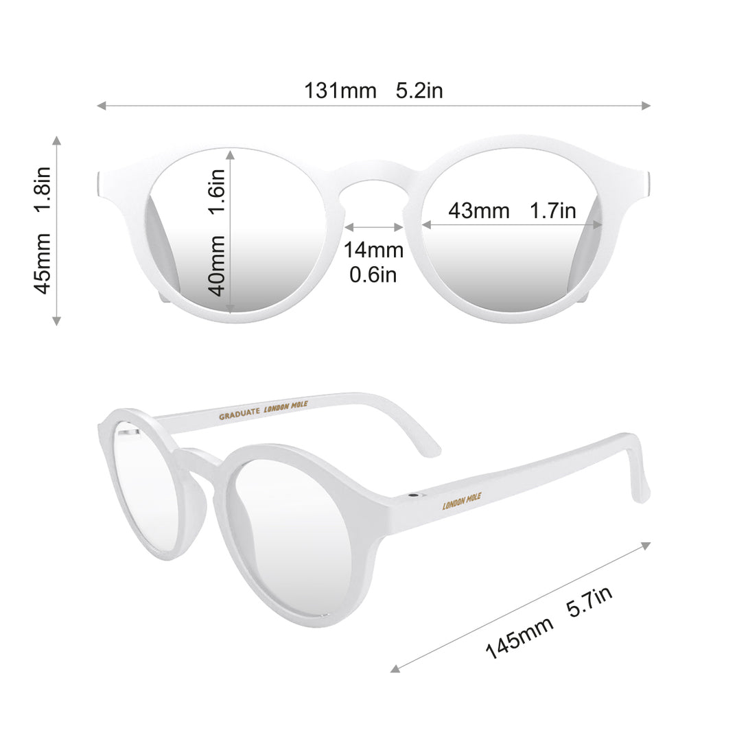 Dimensions - Graduate Reading Glasses in matt white featuring a soft circle frame and provide crystal clear vision. Available in a + 1, 1.5, 2, 2.5, 3 prescriptions.