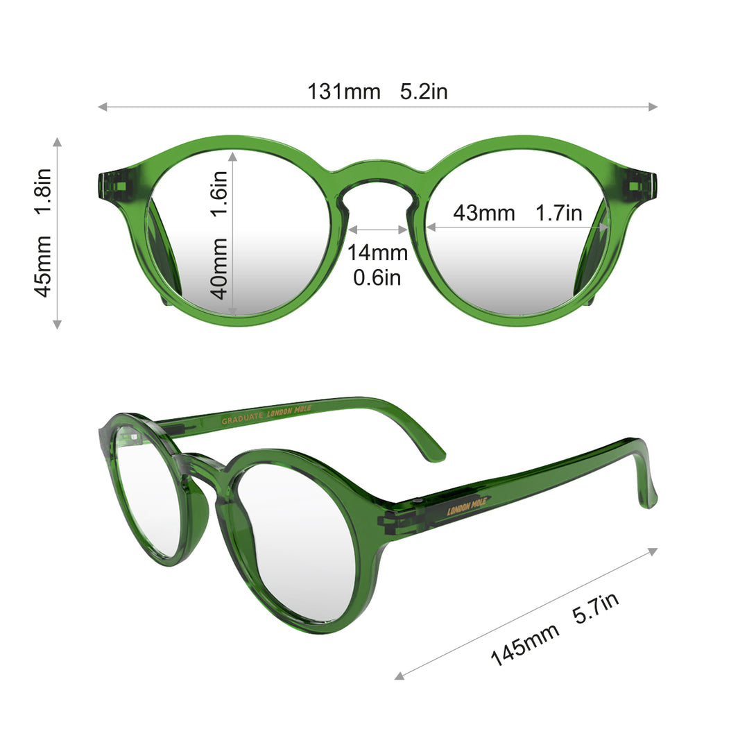 Dimensions - Graduate Reading Glasses in transparent green featuring a soft circle frame and provide crystal clear vision. Available in a + 1, 1.5, 2, 2.5, 3 prescriptions.