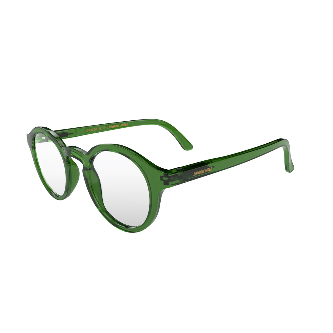 Open skew - Graduate Blue Blocker Glasses in transparent green featuring a soft circle frame and the ability to protect your eyes from artificial blue light. Ideal for fashion accessories, screen time, office work, gaming, scrolling on a mobile, and watching TV. 