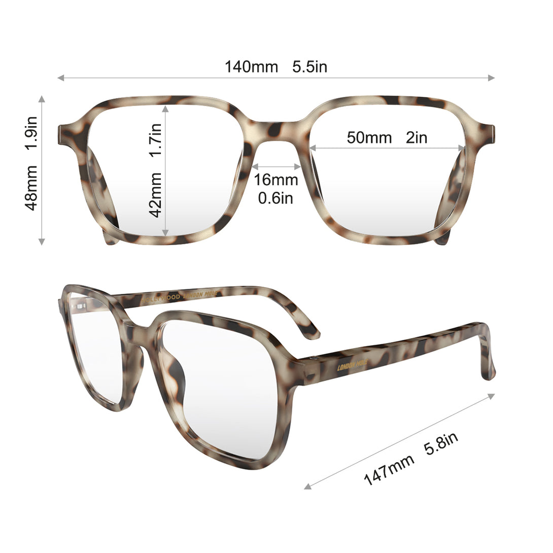 Dimensions - Hollywood Blue Blocker Glasses in pale tortoiseshell featuring a square, panto frame and the ability to protect your eyes from artificial blue light. Ideal for fashion accessories, screen time, office work, gaming, scrolling on a mobile, and watching TV. 