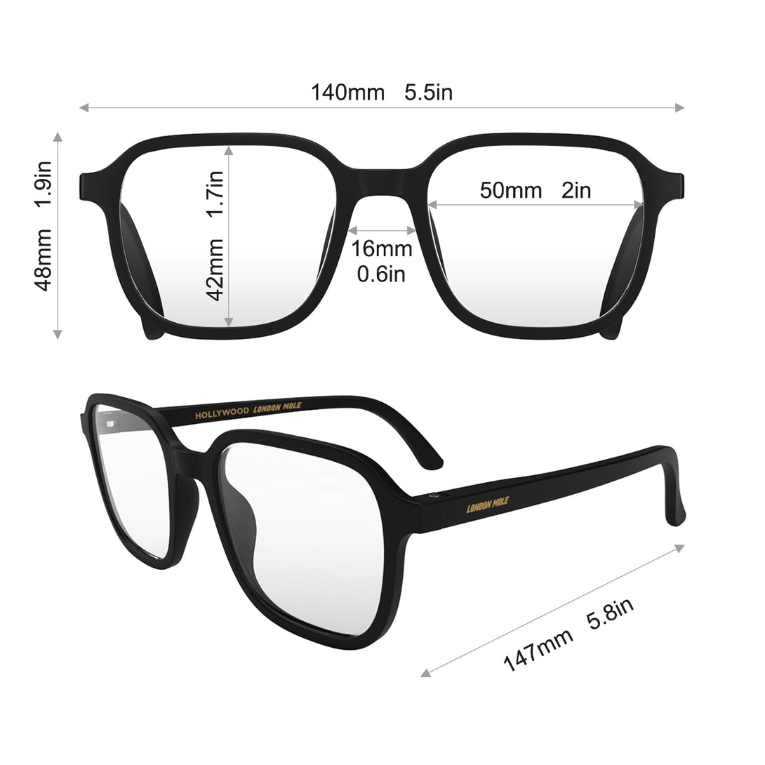 Dimensions - Hollywood Blue Blocker Glasses in matt black featuring a square, panto frame and the ability to protect your eyes from artificial blue light. Ideal for fashion accessories, screen time, office work, gaming, scrolling on a mobile, and watching TV. 