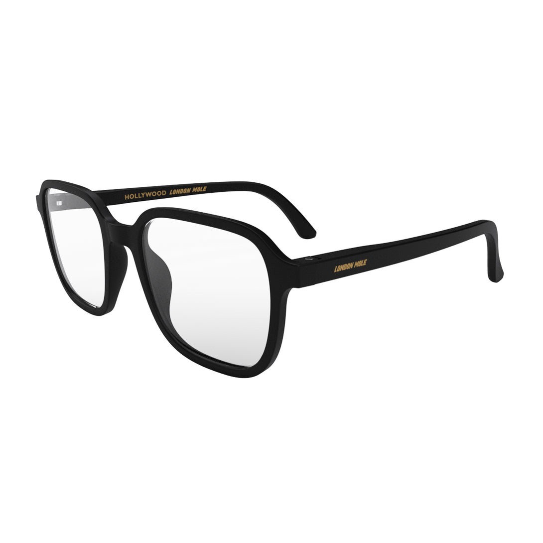 Open skew - Hollywood Blue Blocker Glasses in matt black featuring a square, panto frame and the ability to protect your eyes from artificial blue light. Ideal for fashion accessories, screen time, office work, gaming, scrolling on a mobile, and watching TV. 