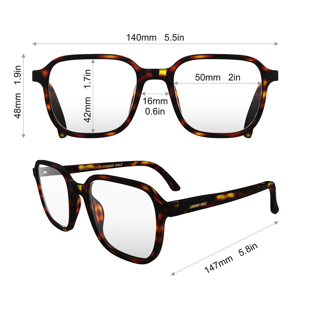Dimensions - Hollywood Blue Blocker Glasses in matt brown tortoisehsell featuring a square, panto frame and the ability to protect your eyes from artificial blue light. Ideal for fashion accessories, screen time, office work, gaming, scrolling on a mobile, and watching TV. 