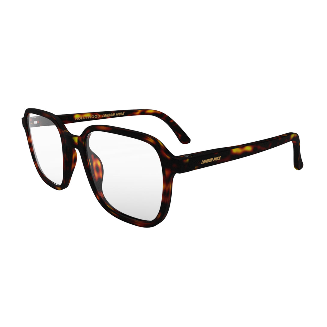 Open skew - Hollywood Reading Glasses in matt brown tortoiseshell featuring a soft circle frame and provide crystal clear vision. Available in a + 1, 1.5, 2, 2.5, 3 prescriptions.