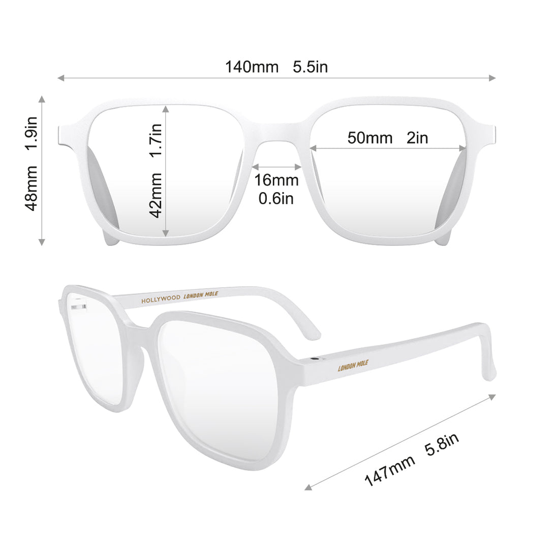 Dimensions - Hollywood Reading Glasses in matt white featuring a soft circle frame and provide crystal clear vision. Available in a + 1, 1.5, 2, 2.5, 3 prescriptions.