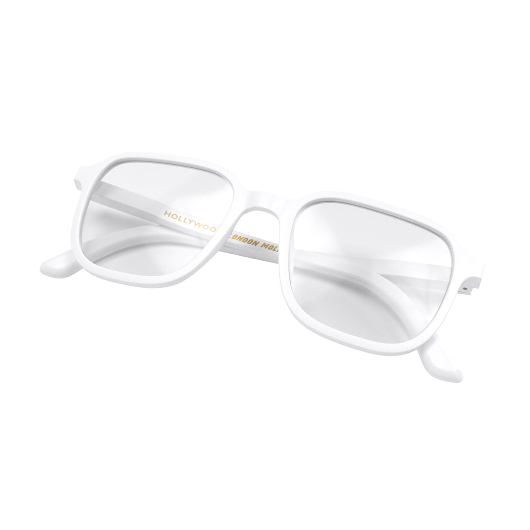 Folded skew - Hollywood Reading Glasses in matt white featuring a soft circle frame and provide crystal clear vision. Available in a + 1, 1.5, 2, 2.5, 3 prescriptions.