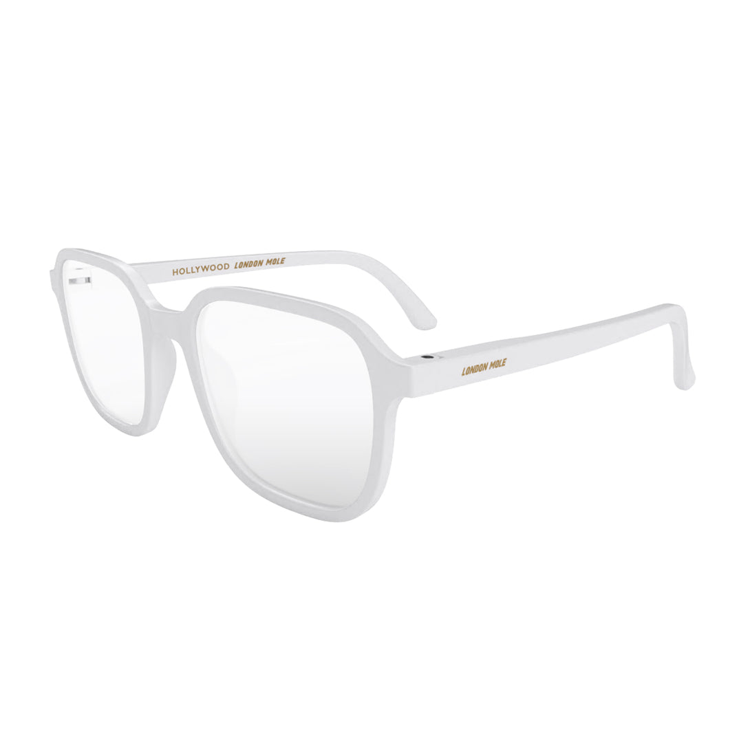 Open skew - Hollywood Reading Glasses in matt white featuring a soft circle frame and provide crystal clear vision. Available in a + 1, 1.5, 2, 2.5, 3 prescriptions.