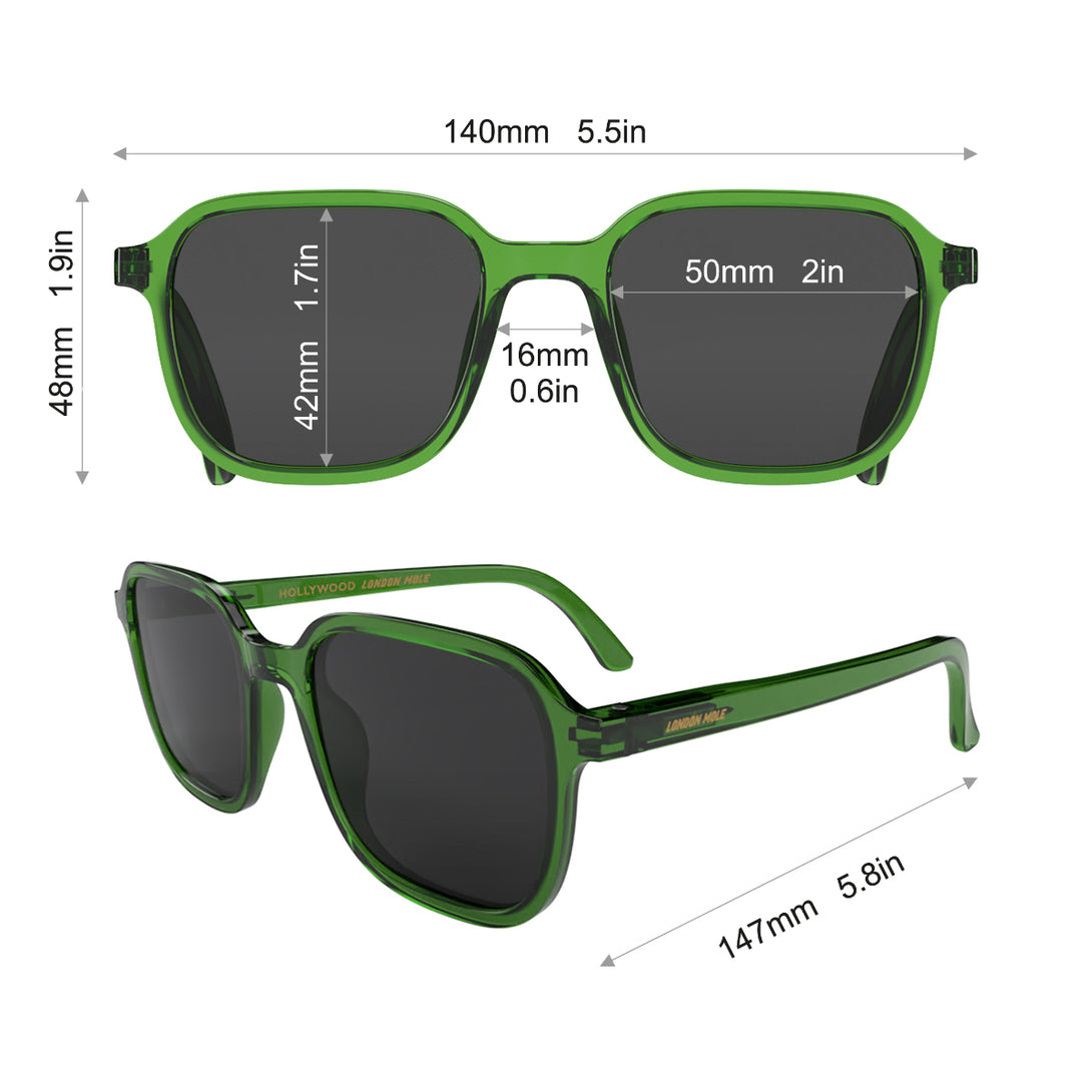 Dimensions - Hollywood sunglasses in transparent green featuring an oversized, iconic panto frame and black UV400 lenses. The finishing touch to every outfit while protecting your eyes. 