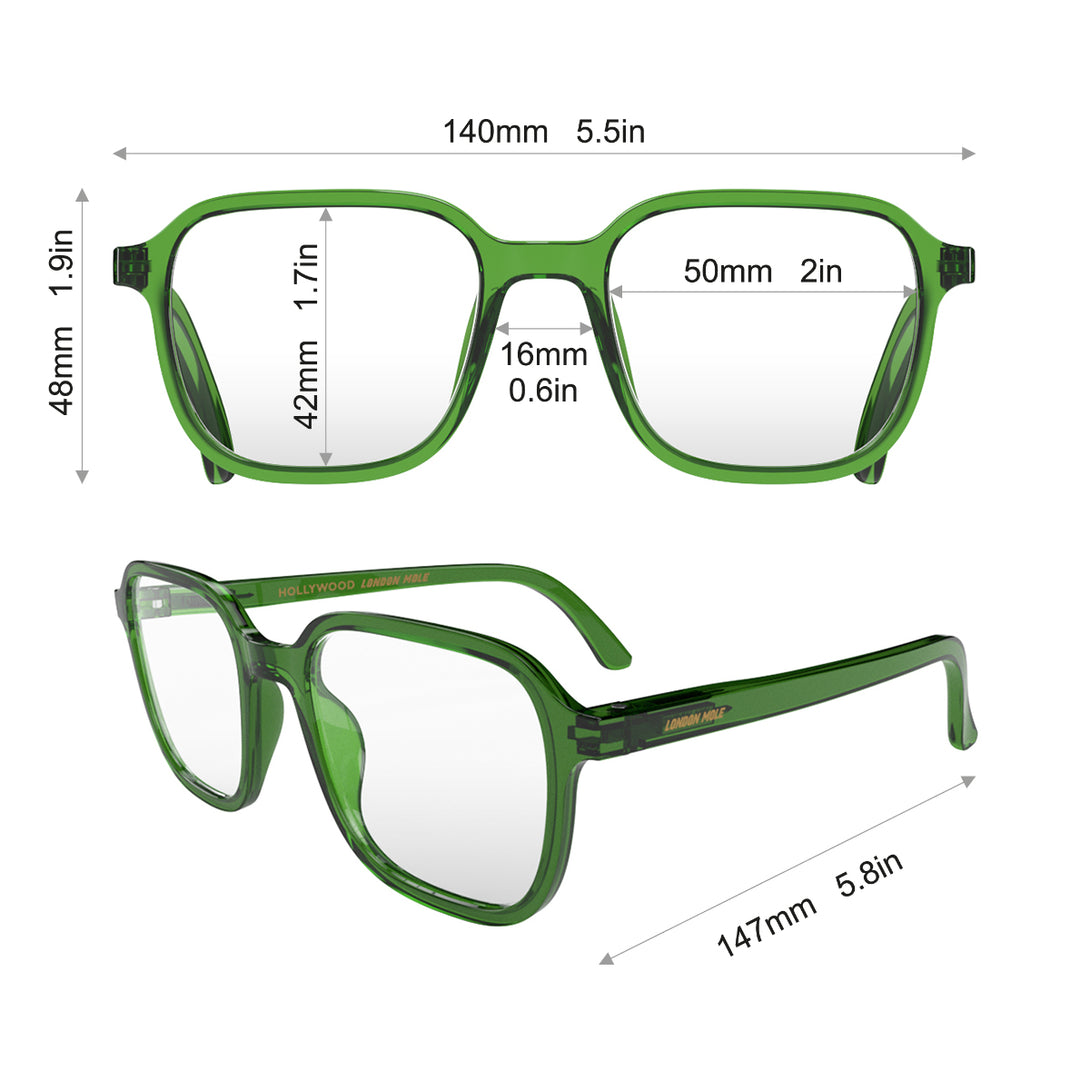 Dimensions - Hollywood Blue Blocker Glasses in transparent green featuring a square, panto frame and the ability to protect your eyes from artificial blue light. Ideal for fashion accessories, screen time, office work, gaming, scrolling on a mobile, and watching TV. 