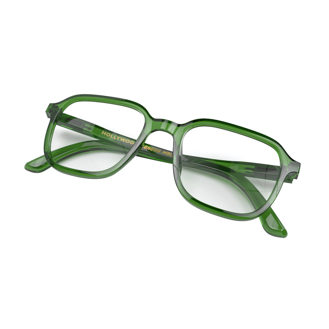 Folded skew - Hollywood Blue Blocker Glasses in transparent green featuring a square, panto frame and the ability to protect your eyes from artificial blue light. Ideal for fashion accessories, screen time, office work, gaming, scrolling on a mobile, and watching TV. 