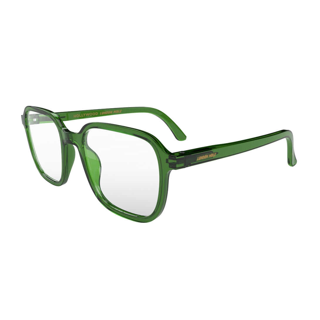 Open skew - Hollywood Blue Blocker Glasses in transparent green featuring a square, panto frame and the ability to protect your eyes from artificial blue light. Ideal for fashion accessories, screen time, office work, gaming, scrolling on a mobile, and watching TV. 