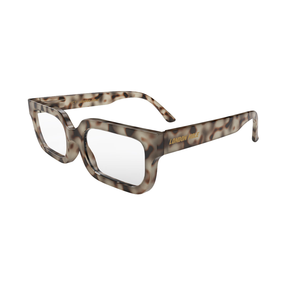 Open skew - Icy Reading Glasses in pale tortoiseshell featuring a bold rectangle frame and provide crystal clear vision. Available in a + 1, 1.5, 2, 2.5, 3 prescriptions.