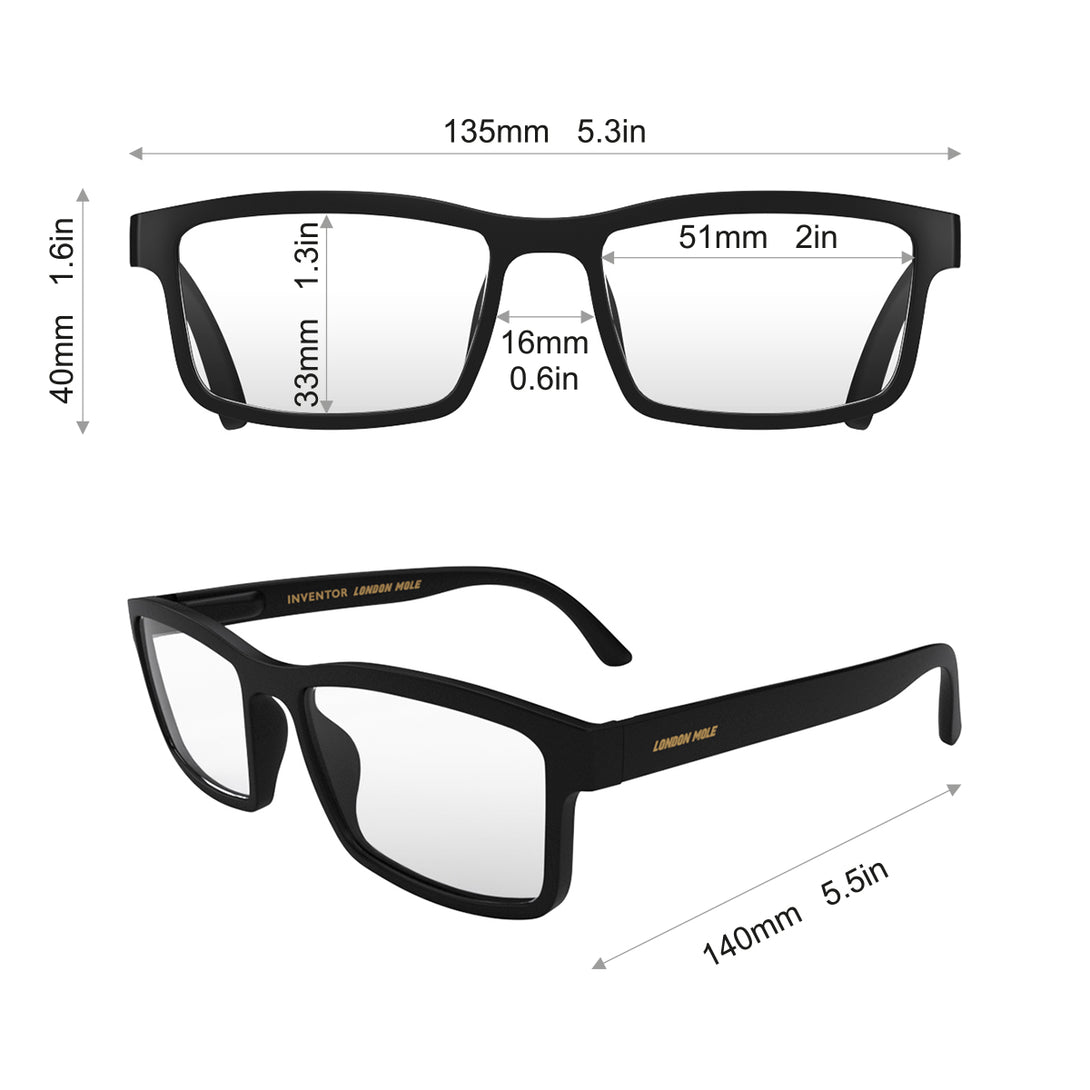 Dimensions - Inventor Reading Glasses in matt black featuring a classic rectangle frame made out of recycled materials and provide crystal clear vision. Available in a + 1, 1.5, 2, 2.5, 3 prescriptions.