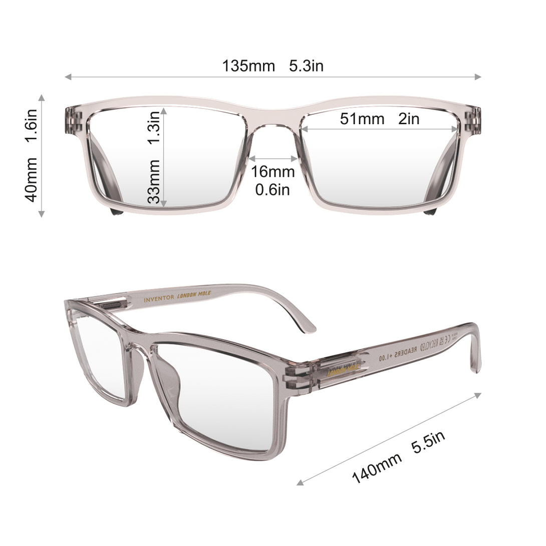 Dimension - Inventor Reading Glasses in transparent grey featuring a classic rectangle frame made out of recycled materials and provide crystal clear vision. Available in a + 1, 1.5, 2, 2.5, 3 prescriptions.