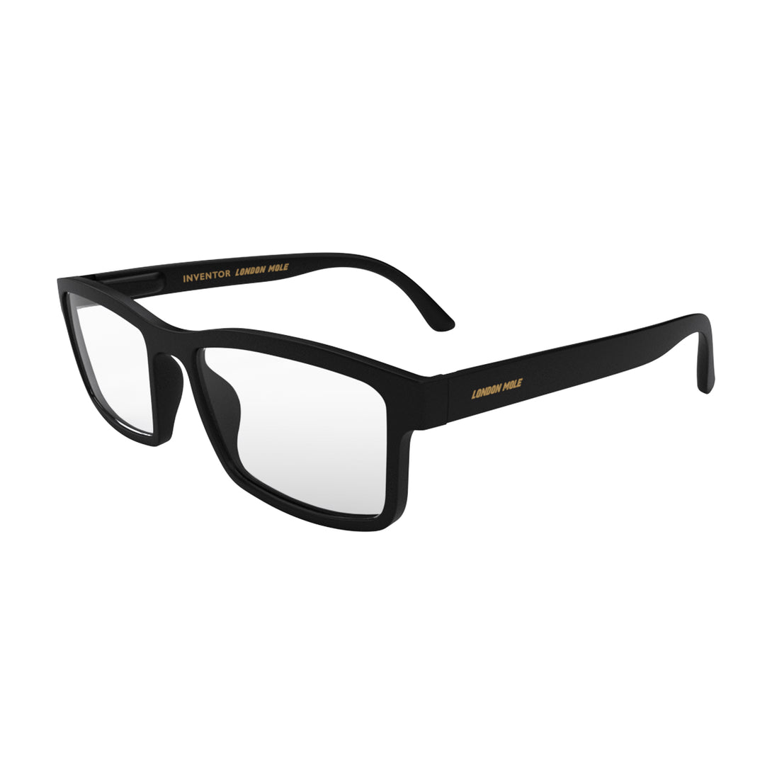 Open skew - Inventor Reading Glasses in matt black featuring a classic rectangle frame made out of recycled materials and provide crystal clear vision. Available in a + 1, 1.5, 2, 2.5, 3 prescriptions.