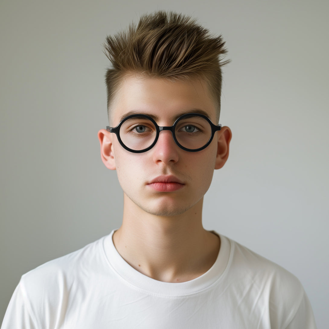 Male model - Artist Blue Blocker Glasses in gloss black featuring an oversized circular frame and the ability to protect your eyes from artificial blue light. Ideal for fashion accessories, screen time, office work, gaming, scrolling on a mobile, and watching TV.