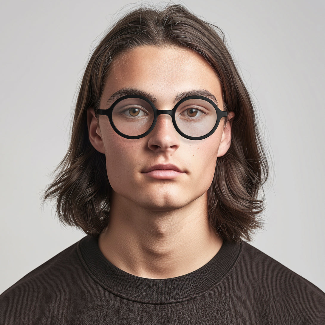 Male model - Artist Blue Blocker Glasses in matt black featuring an oversized circular frame and the ability to protect your eyes from artificial blue light. Ideal for fashion accessories, screen time, office work, gaming, scrolling on a mobile, and watching TV. 