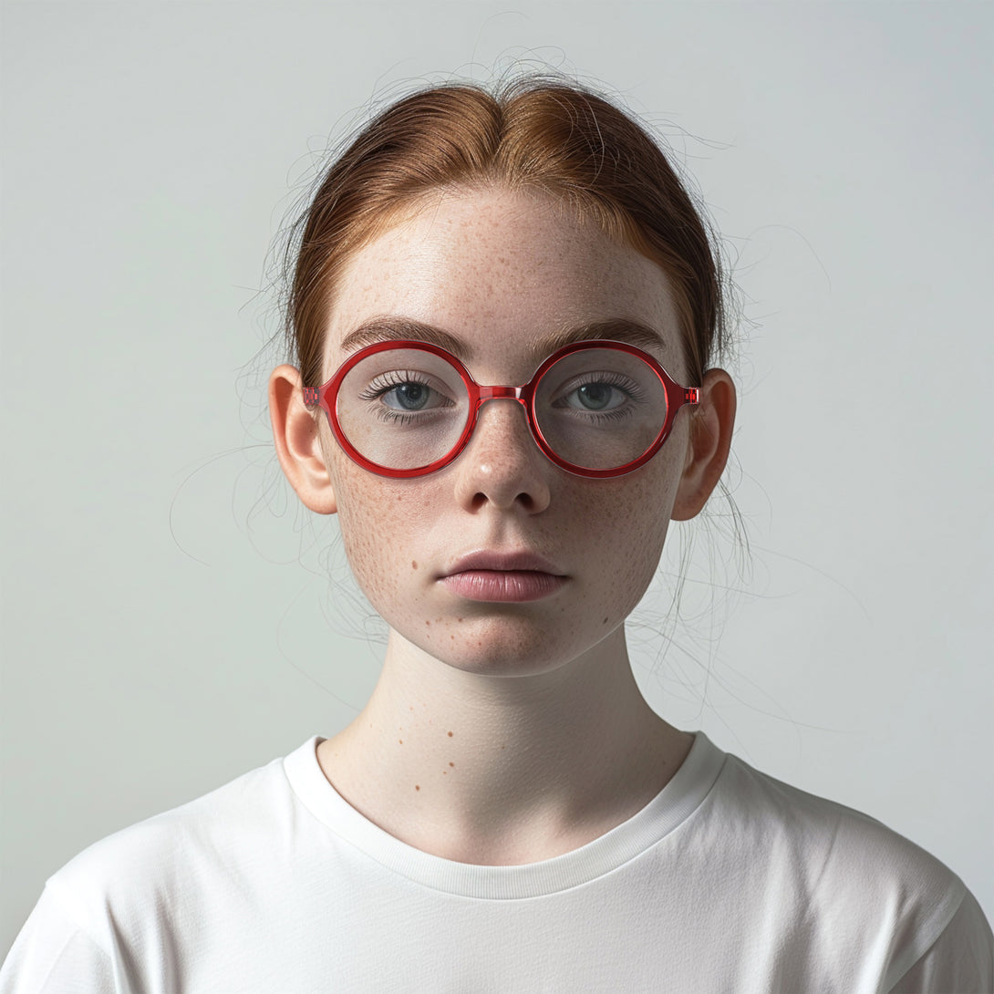 Female model - Artist Reading Glasses in transparent red featuring an oversized circular frame and provide crystal clear vision. Available in a + 1, 1.5, 2, 2.5, 3 prescriptions.