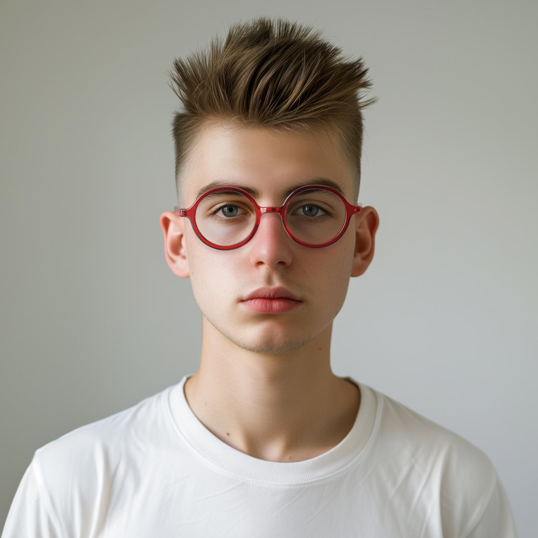 Male model - Artist Blue Blocker Glasses in transparent red featuring an oversized circular frame and the ability to protect your eyes from artificial blue light. Ideal for fashion accessories, screen time, office work, gaming, scrolling on a mobile, and watching TV. 