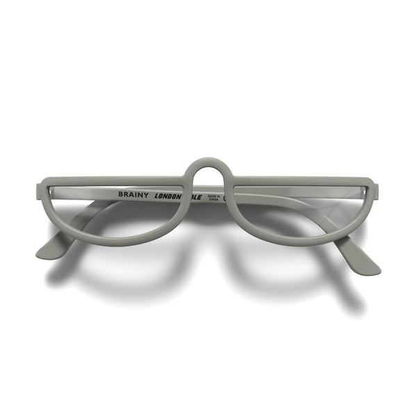 Front - Brainy Reading Glasses in matt grey featuring an oversized circular frame and provide crystal clear vision. Available in a + 1, 1.5, 2, 2.5, 3 prescriptions.
