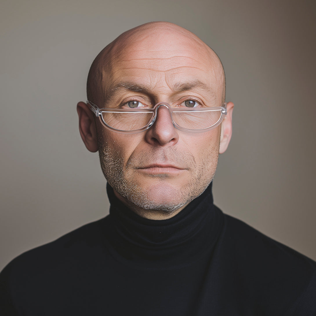 Male model - Brainy Reading Glasses featuring a transparent half-moon frame and provide crystal clear vision. Available in a + 1, 1.5, 2, 2.5, 3 prescriptions.