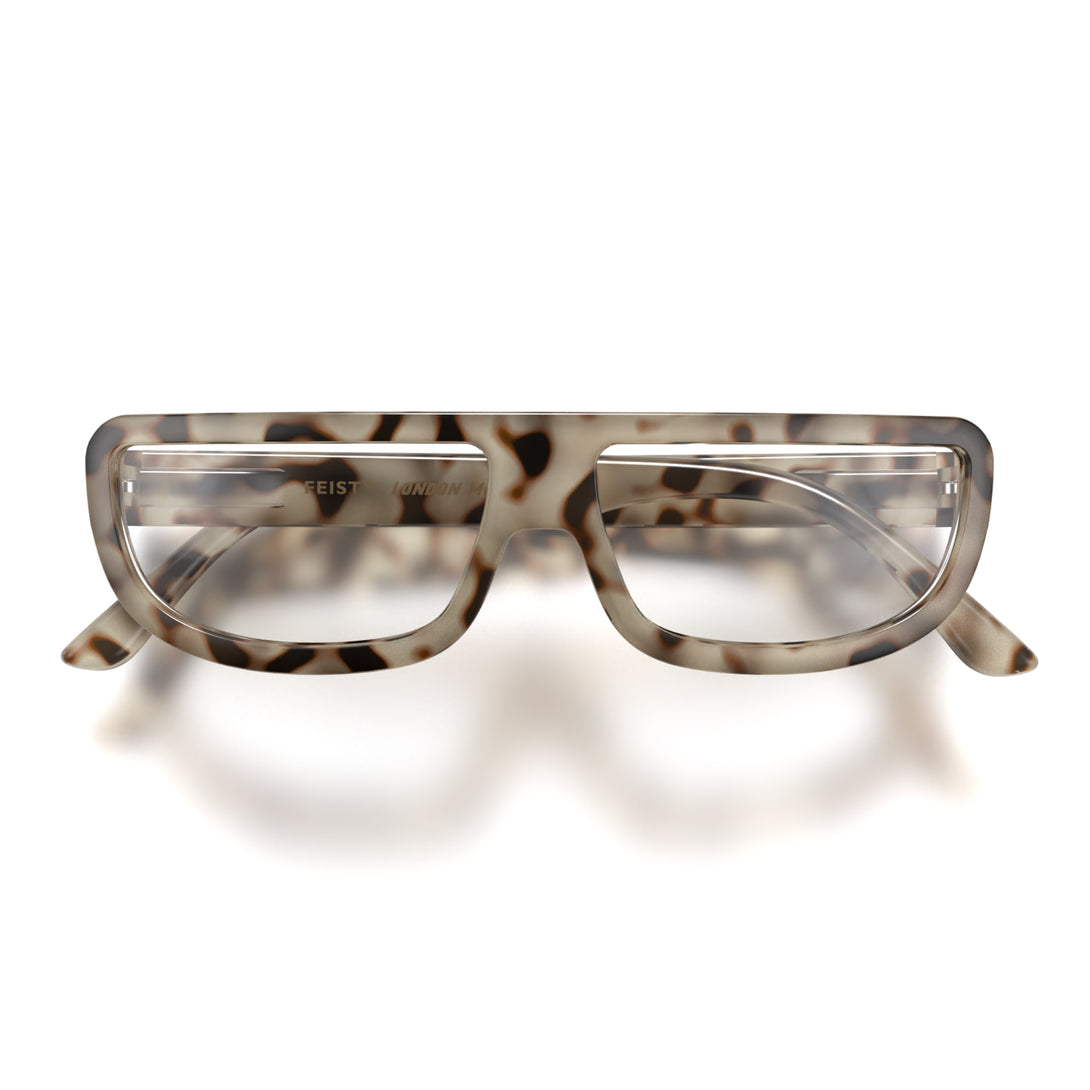 Front - Feisty Reading Glasses in pale tortoiseshell featuring a utilitarian, striaght top line frame and provide crystal clear vision. Available in a + 1, 1.5, 2, 2.5, 3 prescriptions.