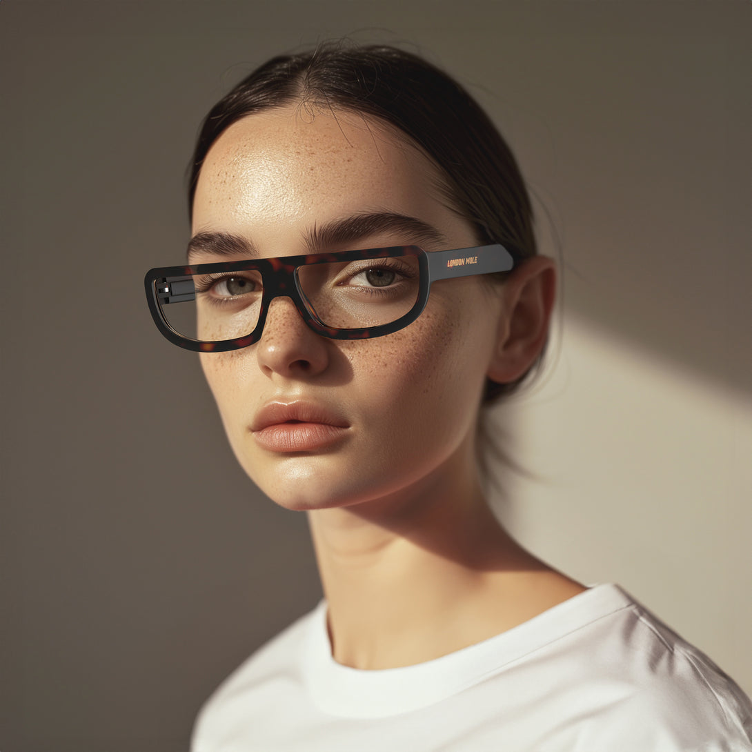 Female model - Feisty Reading Glasses in matt tortoiseshell featuring a utilitarian, striaght top line frame and provide crystal clear vision. Available in a + 1, 1.5, 2, 2.5, 3 prescriptions.