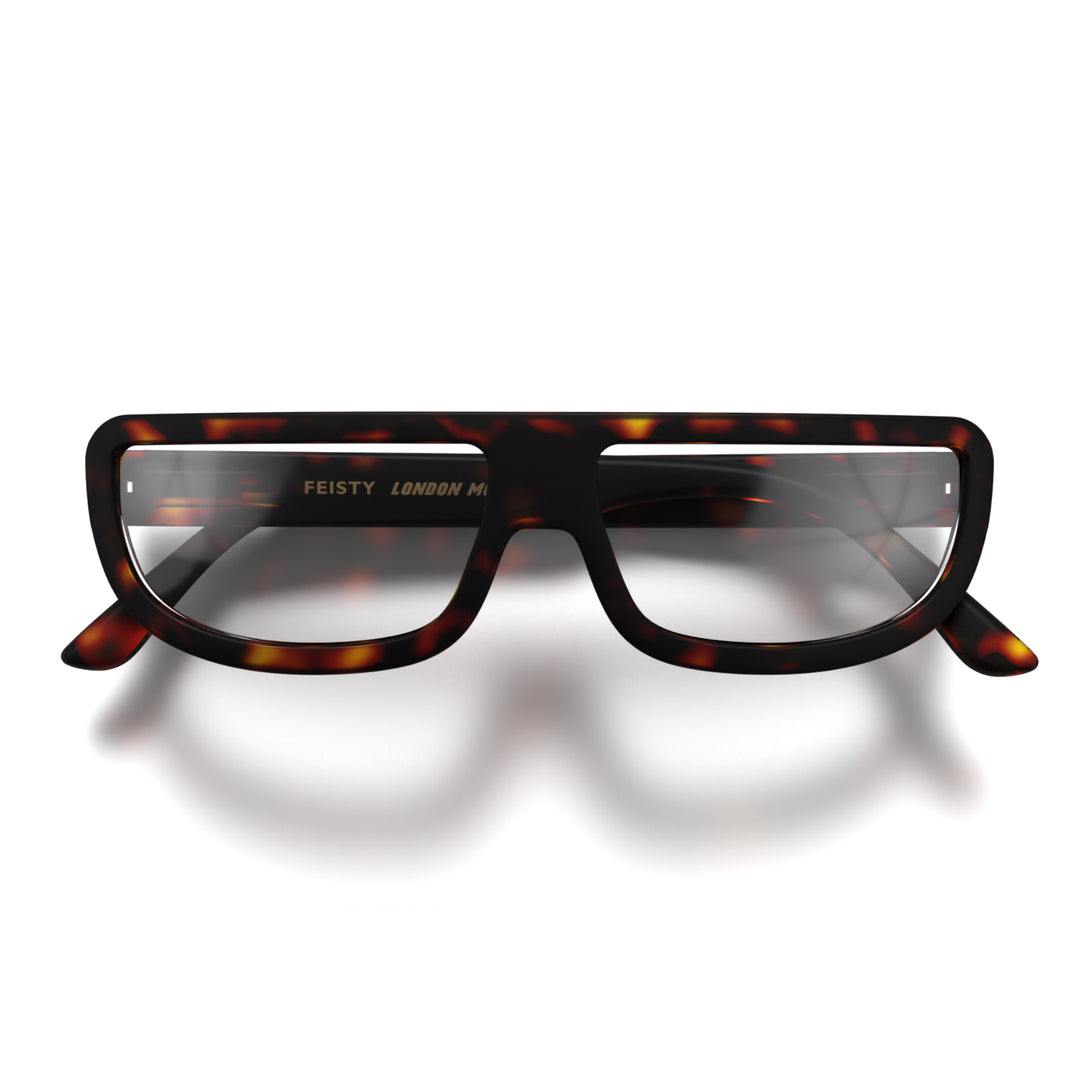 Front - Feisty Reading Glasses in matt tortoiseshell featuring a utilitarian, striaght top line frame and provide crystal clear vision. Available in a + 1, 1.5, 2, 2.5, 3 prescriptions.