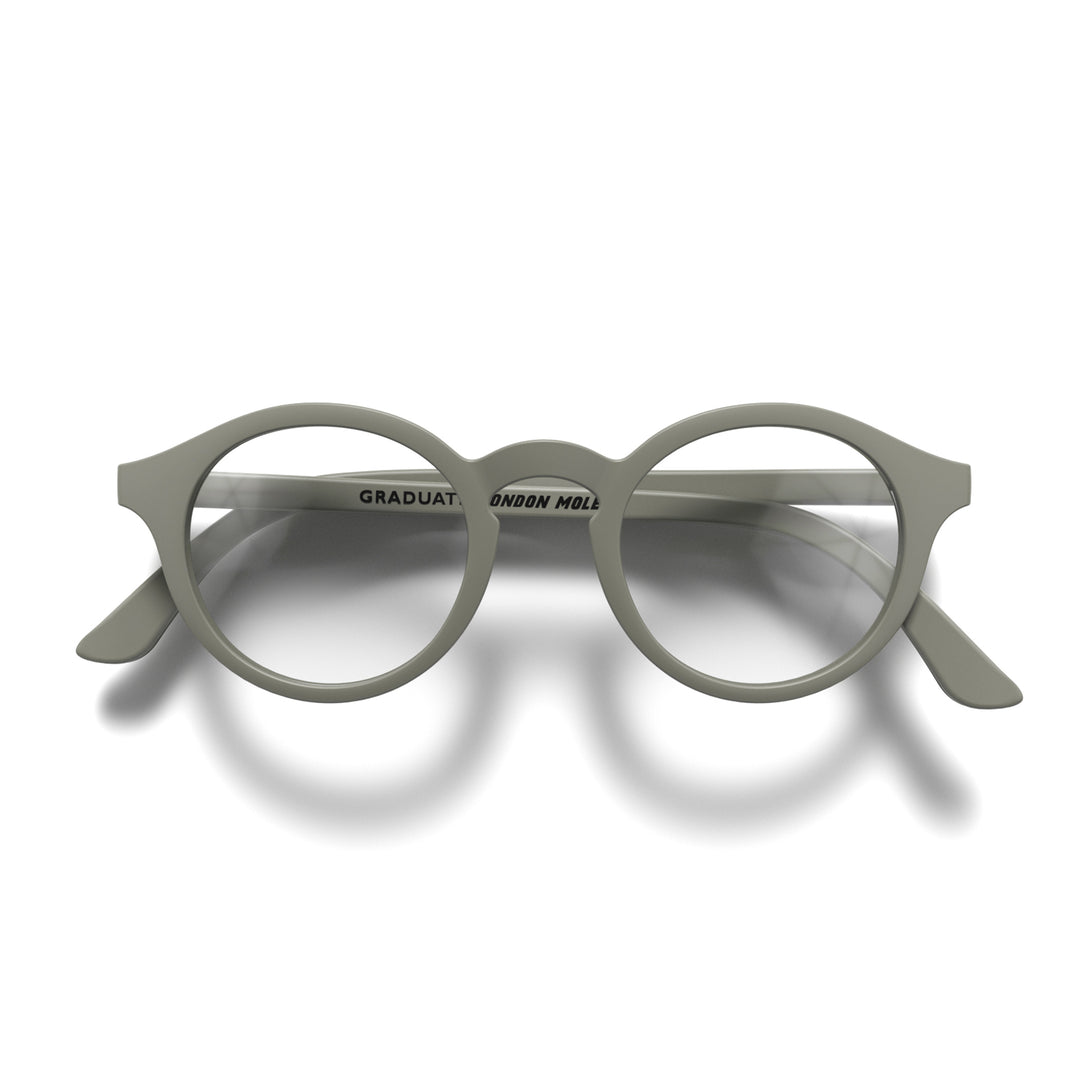 Front - Graduate Reading Glasses in matt grey featuring a soft circle frame and provide crystal clear vision. Available in a + 1, 1.5, 2, 2.5, 3 prescriptions.