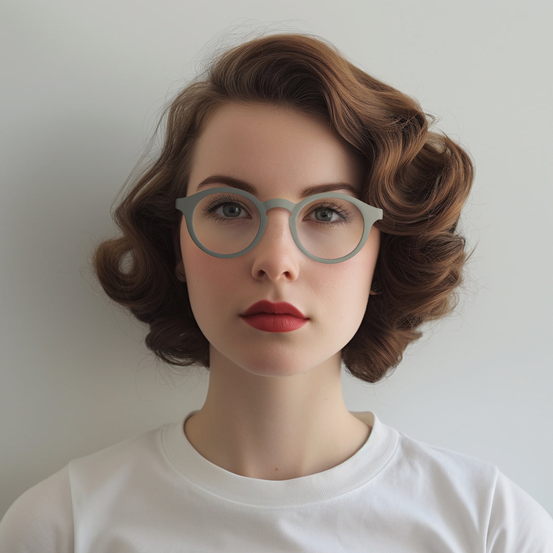 Female model - Graduate Reading Glasses in matt grey featuring a soft circle frame and provide crystal clear vision. Available in a + 1, 1.5, 2, 2.5, 3 prescriptions.