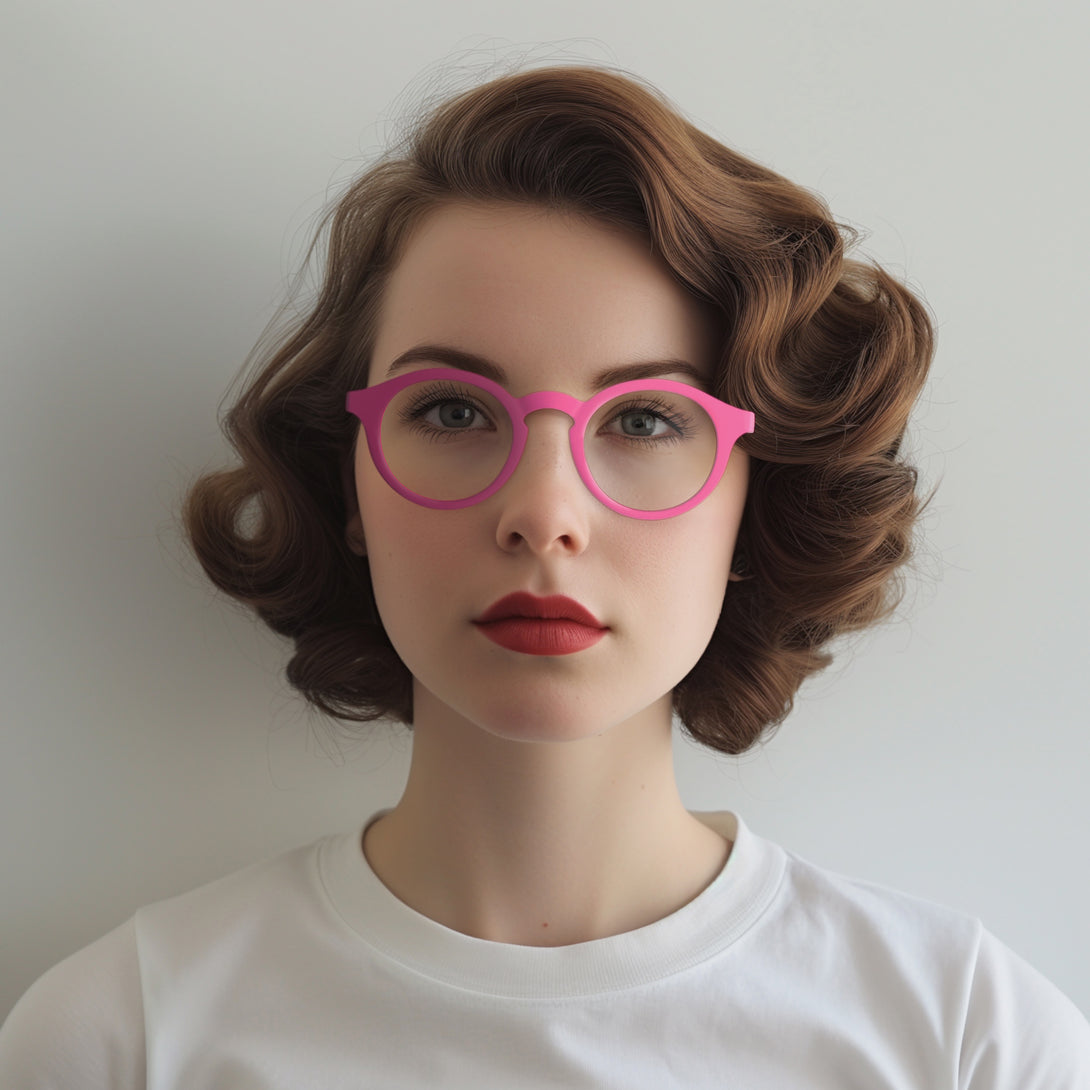 Female model - Graduate Reading Glasses in matt pink featuring a soft circle frame and provide crystal clear vision. Available in a + 1, 1.5, 2, 2.5, 3 prescriptions.