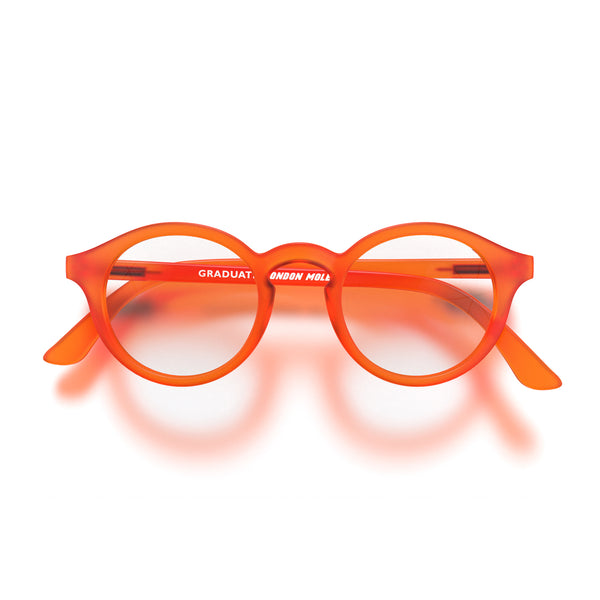 Graduate reading glasses in rubberised fluorescent transparent orange