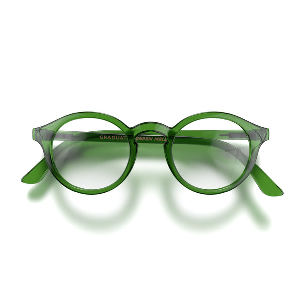 Front - Graduate Reading Glasses in transparent green featuring a soft circle frame and provide crystal clear vision. Available in a + 1, 1.5, 2, 2.5, 3 prescriptions.