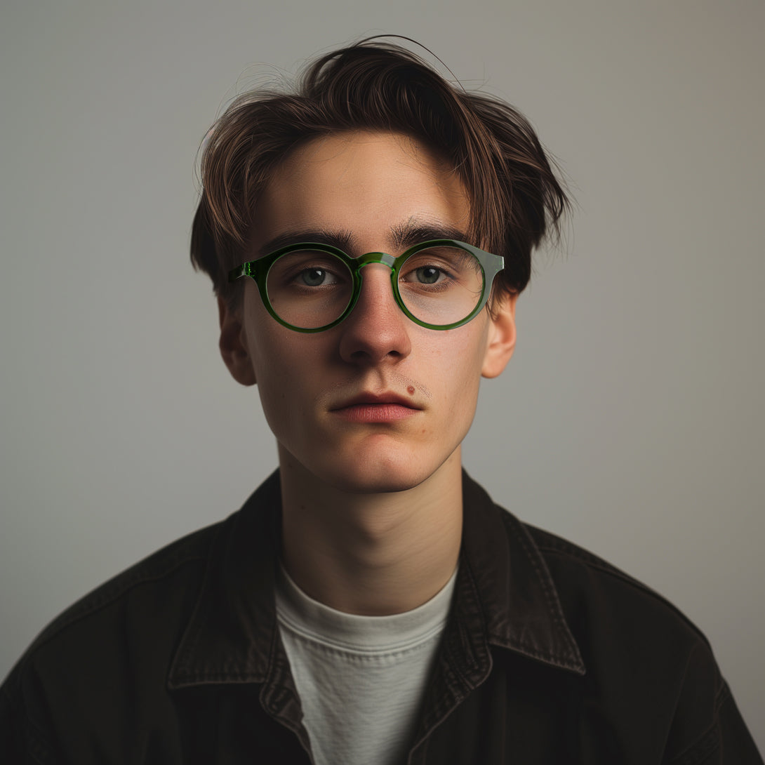 Male model - Graduate Blue Blocker Glasses in transparent green featuring a soft circle frame and the ability to protect your eyes from artificial blue light. Ideal for fashion accessories, screen time, office work, gaming, scrolling on a mobile, and watching TV. 