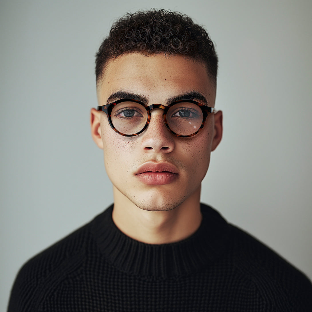 Male model - Graduate Blue Blocker Glasses in brown tortoiseshell featuring a soft circle frame and the ability to protect your eyes from artificial blue light. Ideal for fashion accessories, screen time, office work, gaming, scrolling on a mobile, and watching TV. 