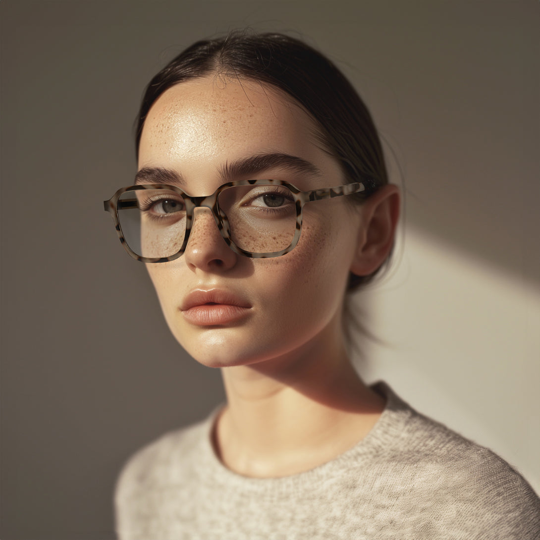 Female model - Hollywood Blue Blocker Glasses in pale tortoiseshell featuring a square, panto frame and the ability to protect your eyes from artificial blue light. Ideal for fashion accessories, screen time, office work, gaming, scrolling on a mobile, and watching TV. 