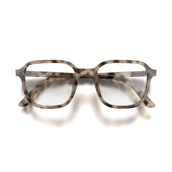 Front - Hollywood Blue Blocker Glasses in pale tortoiseshell featuring a square, panto frame and the ability to protect your eyes from artificial blue light. Ideal for fashion accessories, screen time, office work, gaming, scrolling on a mobile, and watching TV. 