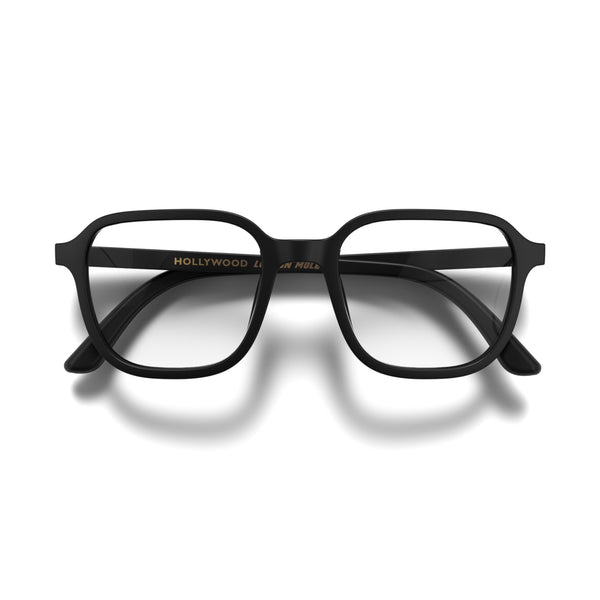 Front - Hollywood Blue Blocker Glasses in matt black featuring a square, panto frame and the ability to protect your eyes from artificial blue light. Ideal for fashion accessories, screen time, office work, gaming, scrolling on a mobile, and watching TV. 