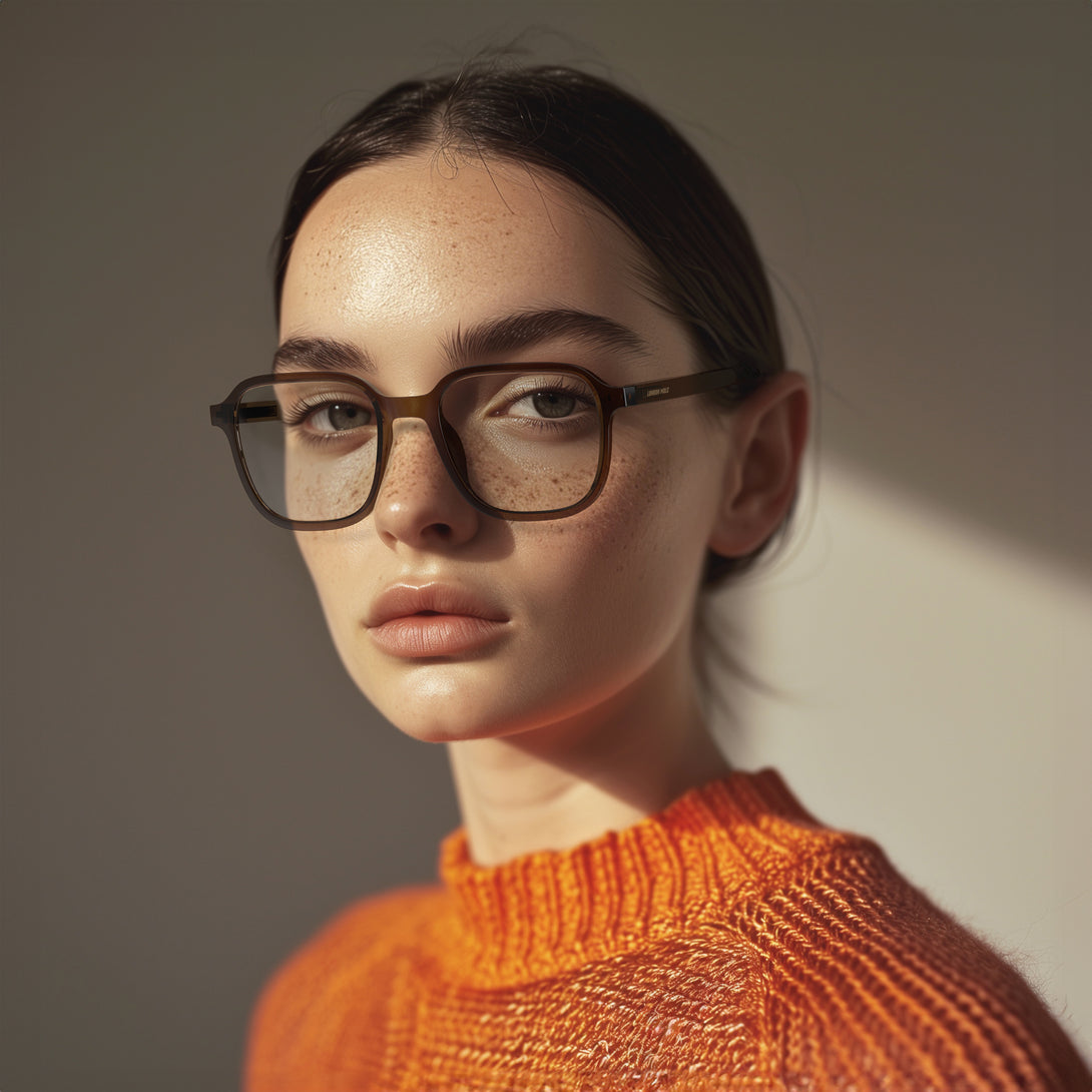 Female model - Hollywood Reading Glasses in transparent brown featuring a soft circle frame and provide crystal clear vision. Available in a + 1, 1.5, 2, 2.5, 3 prescriptions.