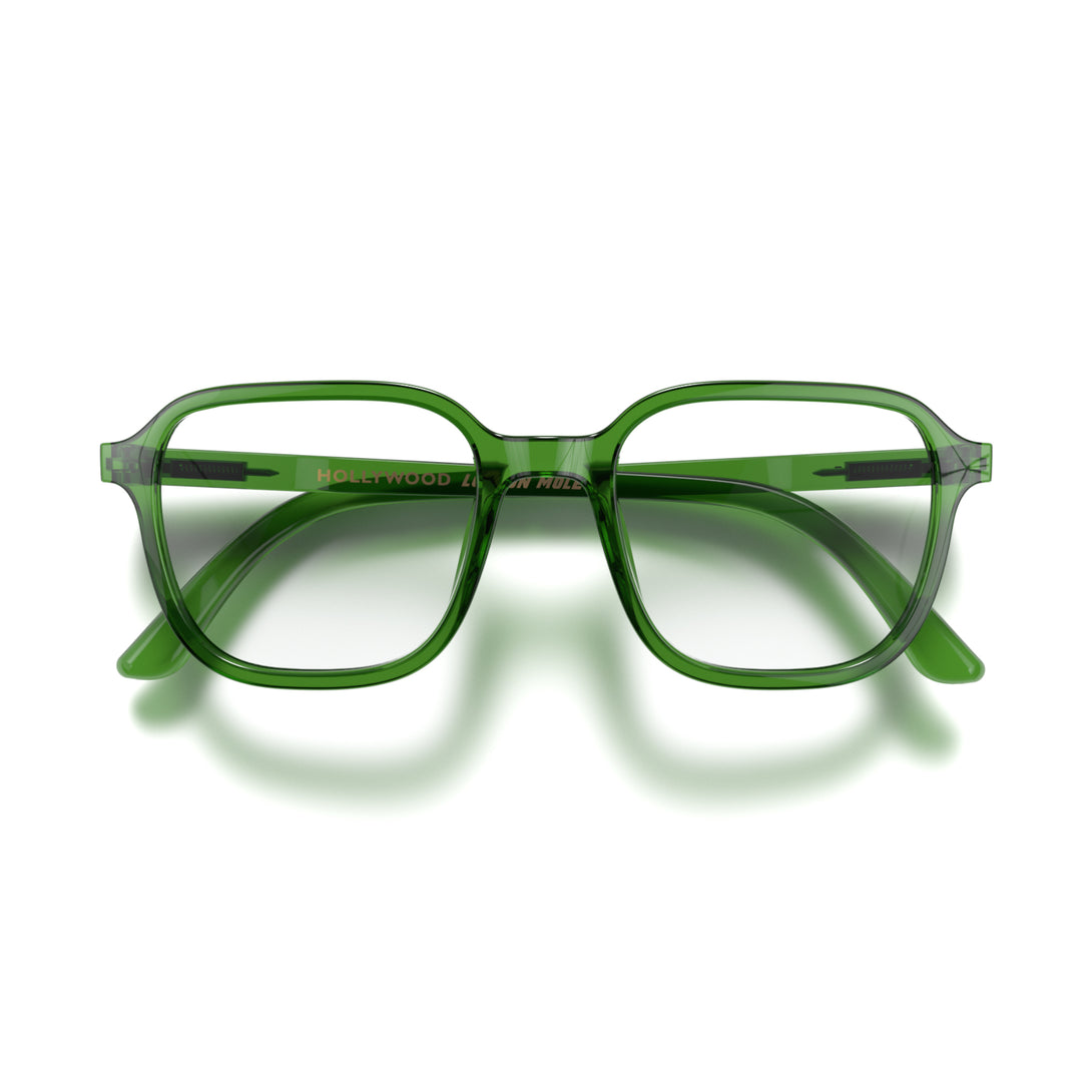Front - Hollywood Blue Blocker Glasses in transparent green featuring a square, panto frame and the ability to protect your eyes from artificial blue light. Ideal for fashion accessories, screen time, office work, gaming, scrolling on a mobile, and watching TV. 