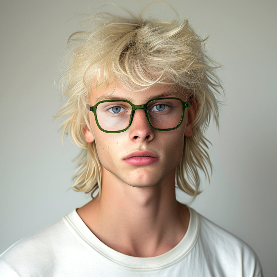 Male model - Hollywood Reading Glasses in transparent green featuring a soft circle frame and provide crystal clear vision. Available in a + 1, 1.5, 2, 2.5, 3 prescriptions.